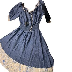 Hayden-Harnett blue silk peasant boho prairie dress fun trim woman’s sz M